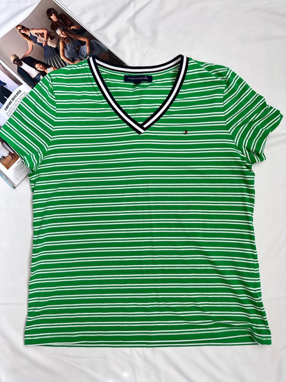 Tommy Hilfiger Green and White Striped V-Neck Tee with Contrast Trim